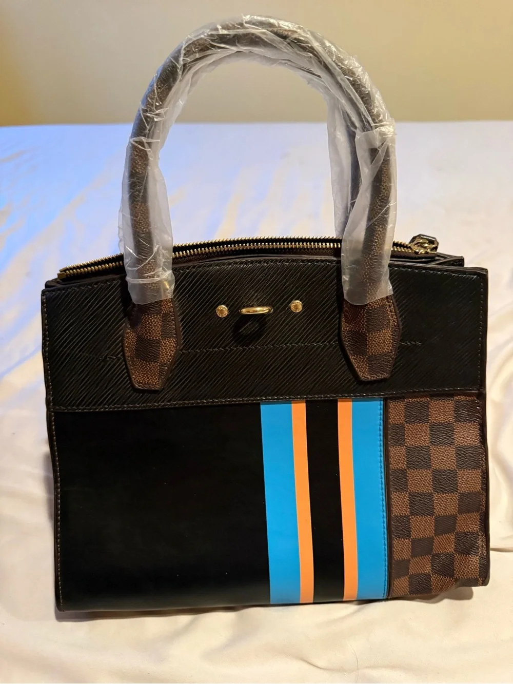Louis Vuitton Checkerboard & Stripe Satchel in Black, Brown, Blue, Orange